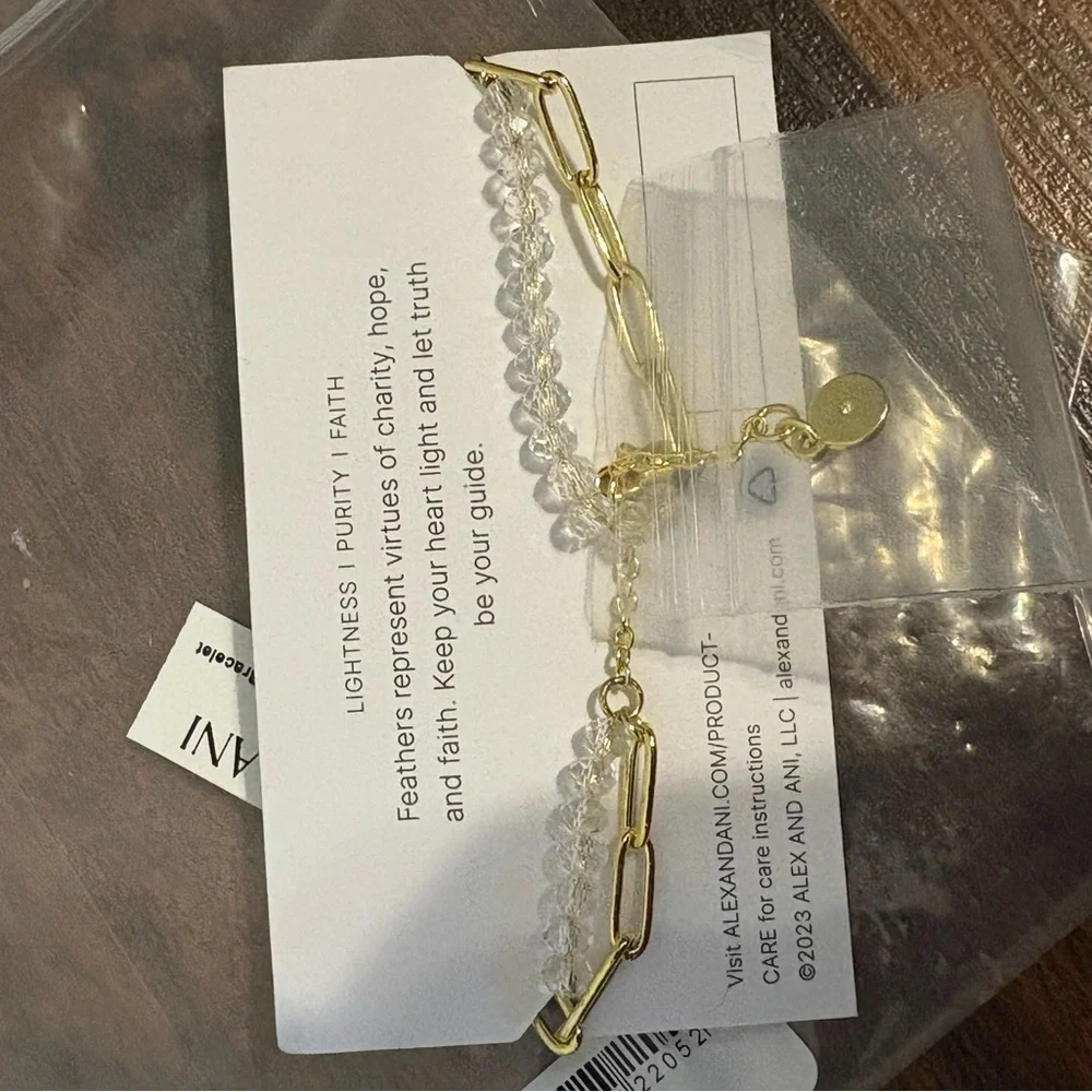 Alex and Ani Feather Chain Bracelet Gold Tone with Clear Crystals NWT